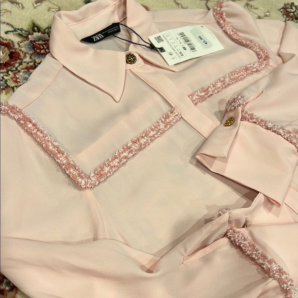 Women’s Zara Blouse with Tweed Accents Pink Size XS